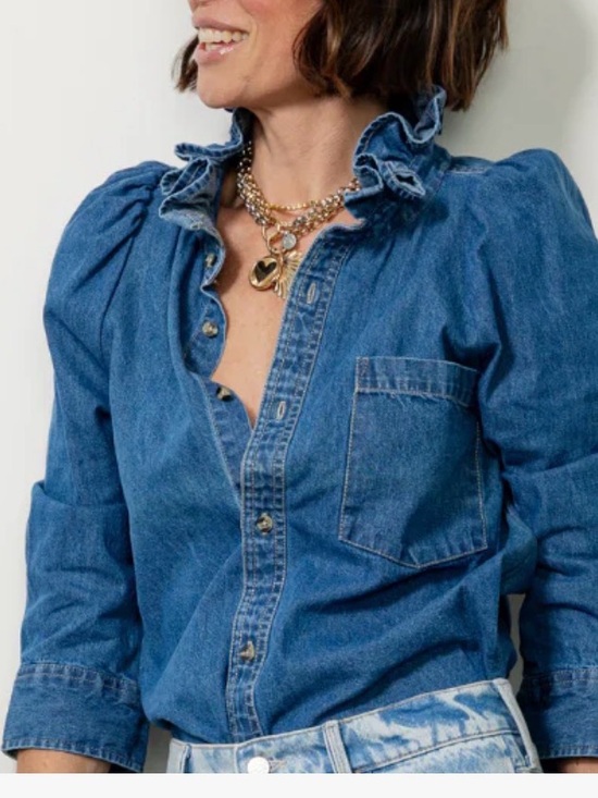 KMJ Tops - KML Ruffled Collar Denim Button-Up Shirt - Blue Size L